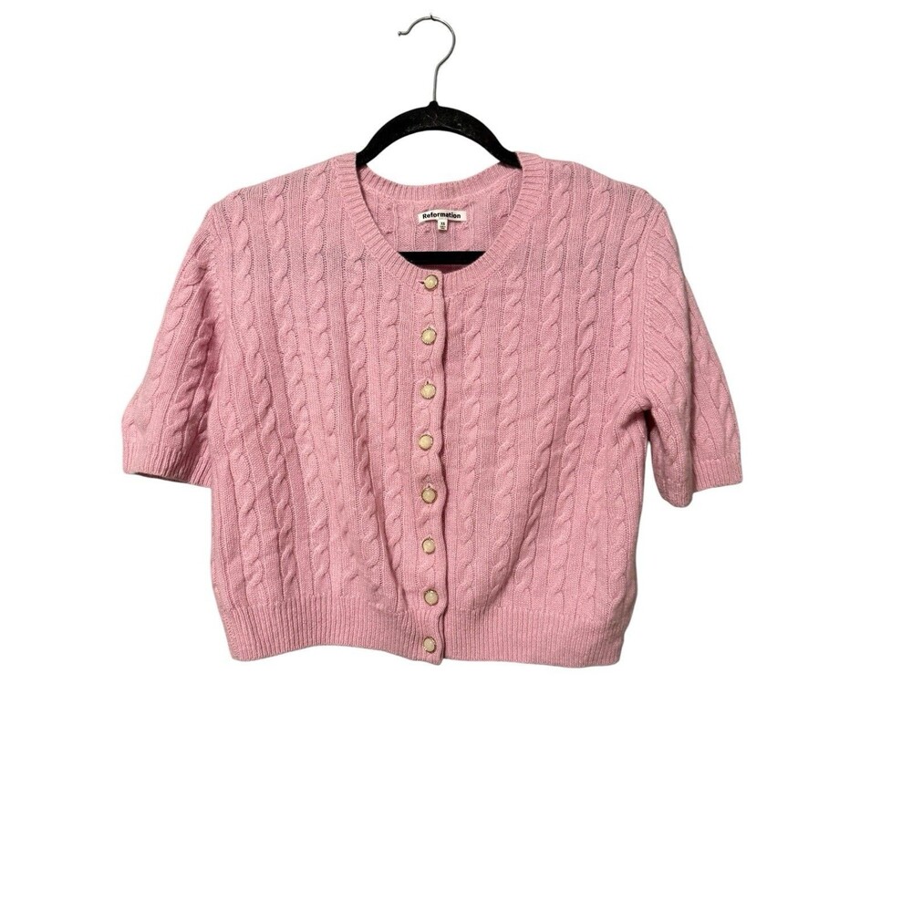 Reformation Cashmere Cable Knit Short Sleeve Cardigan Pink XS